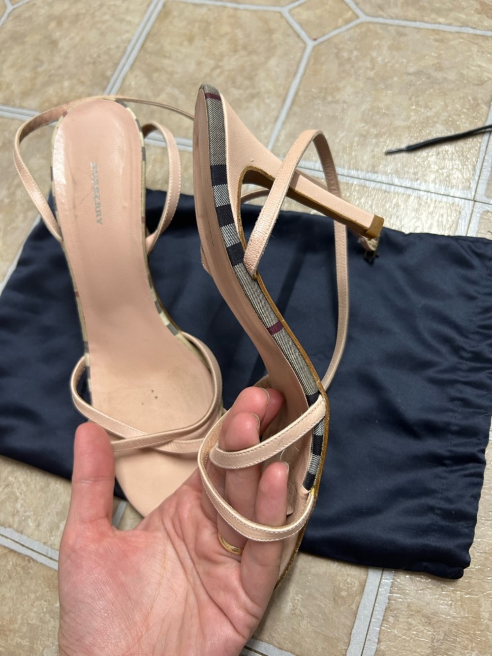 Burberry Nude Beige Strappy Stiletto Sandals with Check Trim